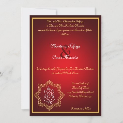 5x7 Wedding Invitation Lord GaneshaHindu Red Spi