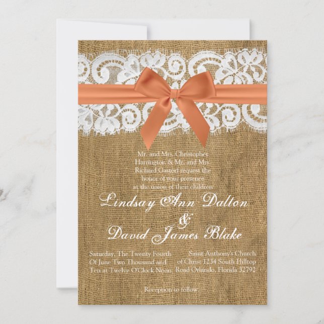 5x7 Wedding Invitation Orange Burlap Lace (Front)