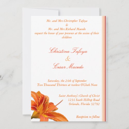 5x7 Wedding Invitation Orange Tiger Lilly wStripe