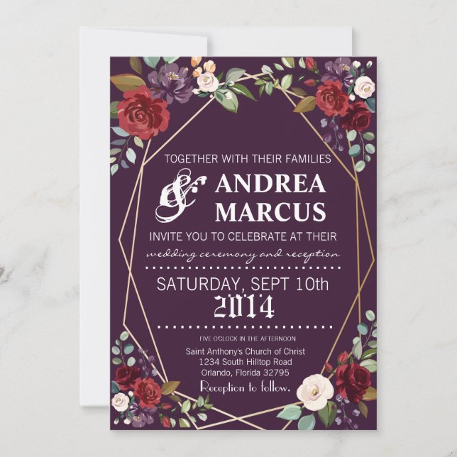 5x7 Wedding Invitation Plum Purple Roses Gold Geom (Front)
