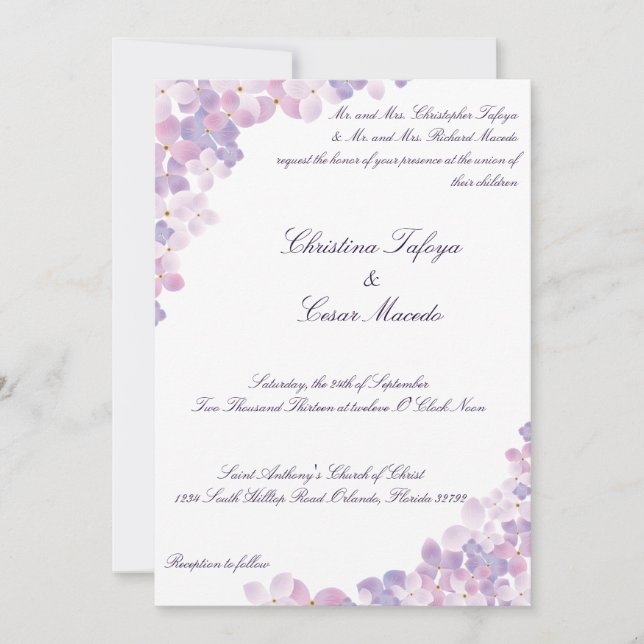 5x7 Wedding Invitation Purple Hydrangea Floral (Front)