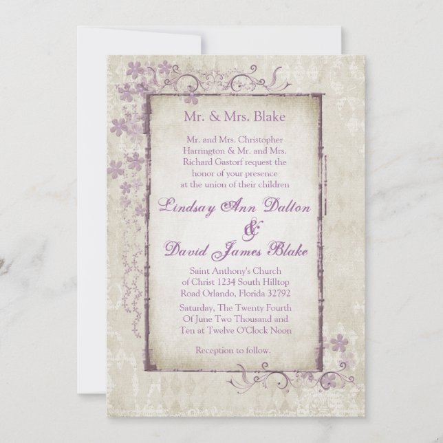 5x7 Wedding Invitation Purple Spring Floral (Front)