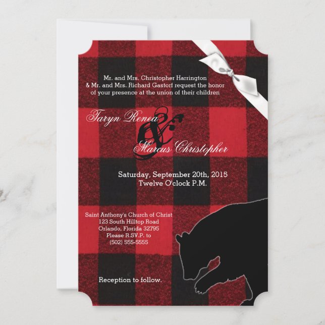 5x7 Wedding Invitation Red Buffalo Plaid Bear (Front)