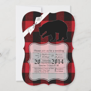 5x7 Wedding Invitation Red Buffalo Plaid Bear Blac