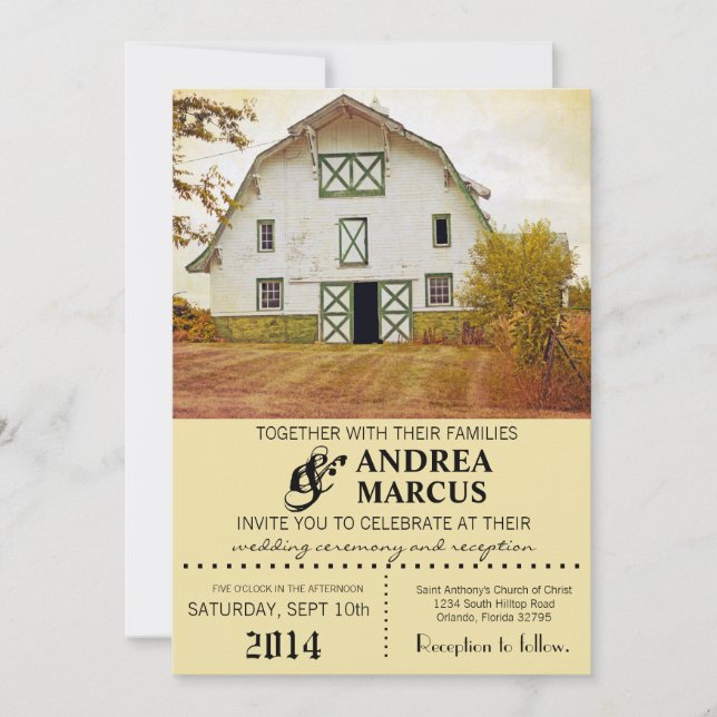 5x7 Wedding Invitation Sunset Barn Country Rustic (Front)