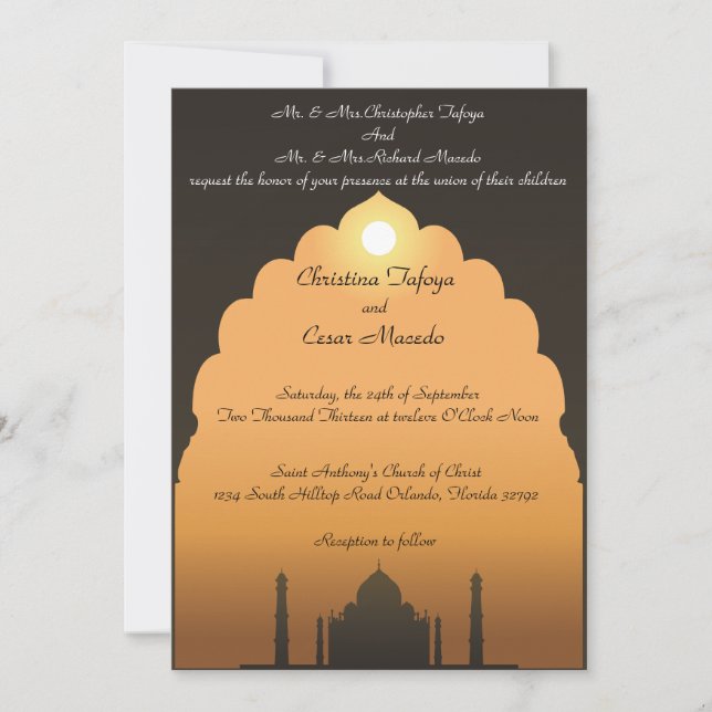 5x7 Wedding Invitation The Taj Mahal Sunset (Front)
