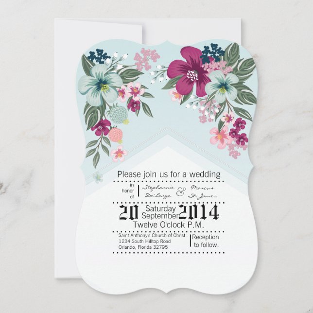 5x7 Wedding Invitation Tropical Flower on Blue Omb (Front)