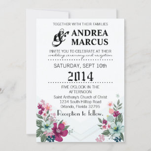 5x7 Wedding Invitation Tropical Flowers on Blue Om