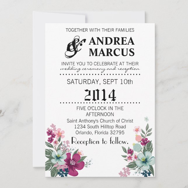 5x7 Wedding Invitation Tropical Flowers on White (Front)
