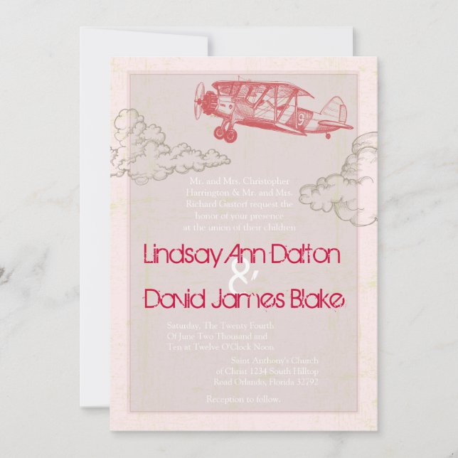 5x7 Wedding Invitation Vintage Airplane in Clouds (Front)