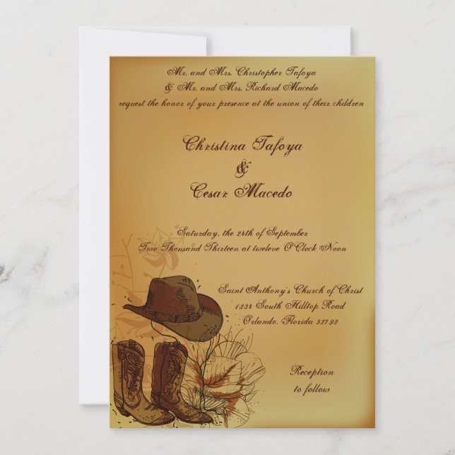 5x7 Wedding Invitation Western Cowgirl Hat/Boots B (Front)