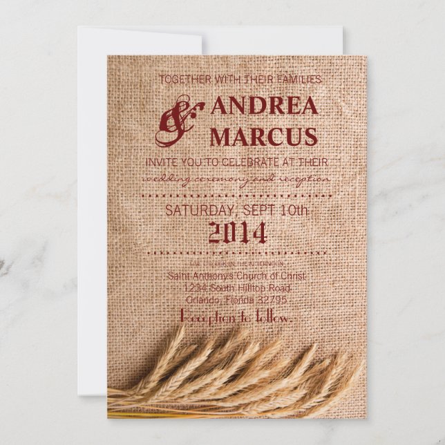5x7 Wedding Invitation Wheat on Burlap Sack Countr (Front)
