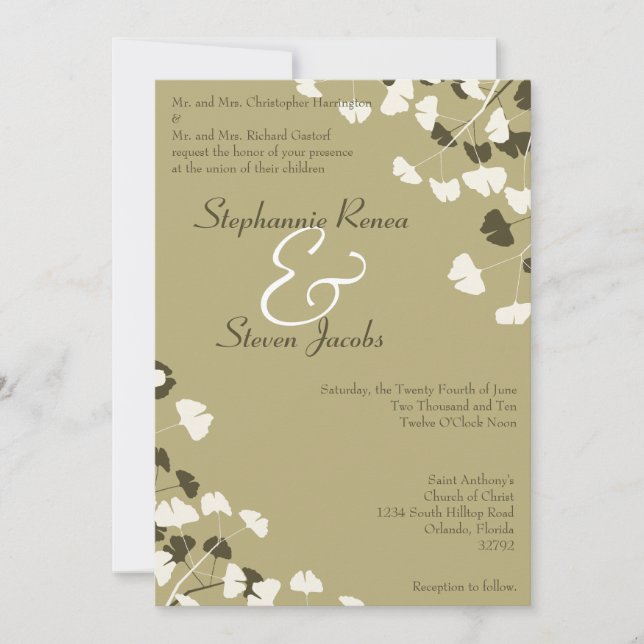 5x7 Wedding Invitation White Ginkgo Leaves Spring (Front)