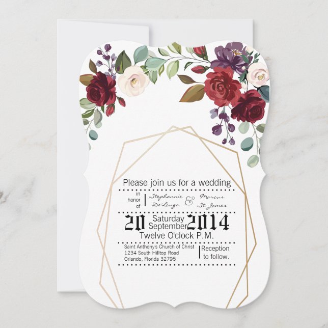 5x7 Wedding Invitation White Roses Gold Geom (Front)