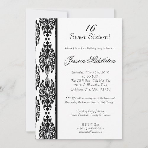 5x7 White Damask Birthday Party Invitation