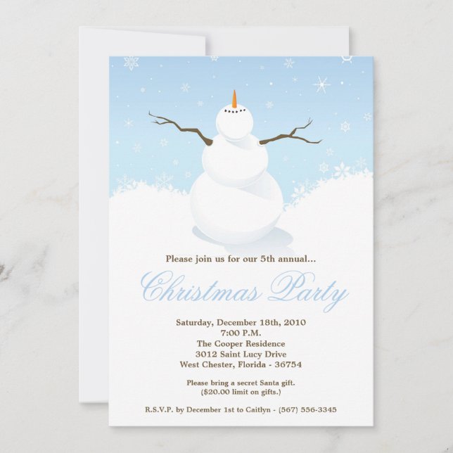 5x7 Winter Snow Snowman Christmas Invitation (Front)
