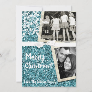 5x7 XMAS Christmas Blue Glitter Snowfl PHOTO Card