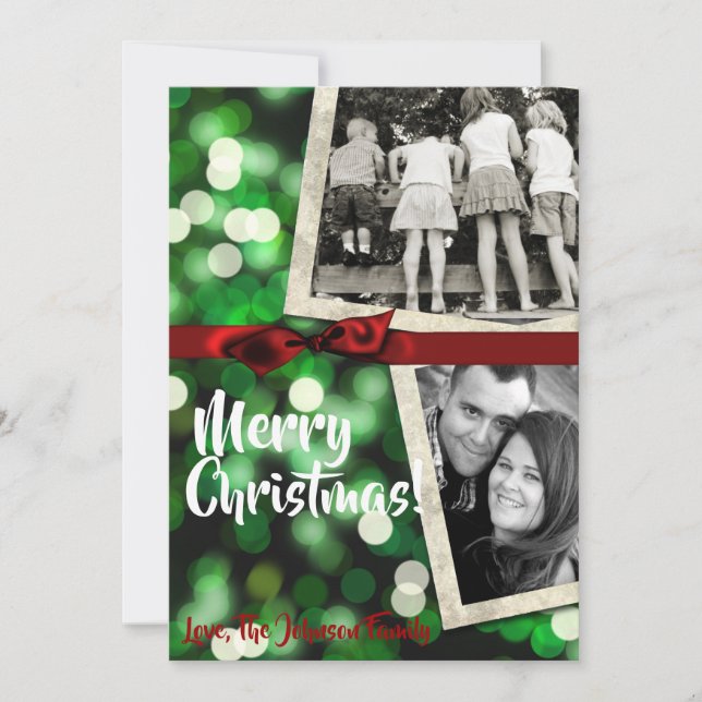 5x7 XMAS Christmas Green Bokeh Lights PHOTO Card (Front)