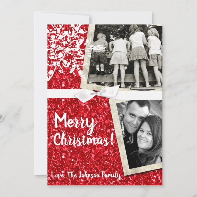 5x7  XMAS Christmas Red Glitter Snowfla PHOTO Card (Front)