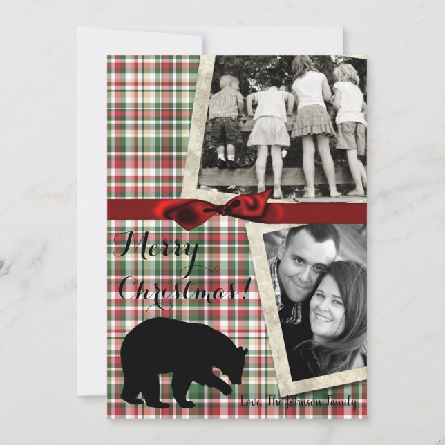 5x7  XMAS Red Christmas Plaid Bear Fabr PHOTO Card (Front)