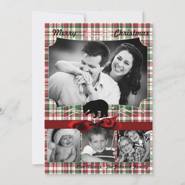 5x7 XMAS Red Christmas Plaid Bear Fabri PHOTO Card (Front)