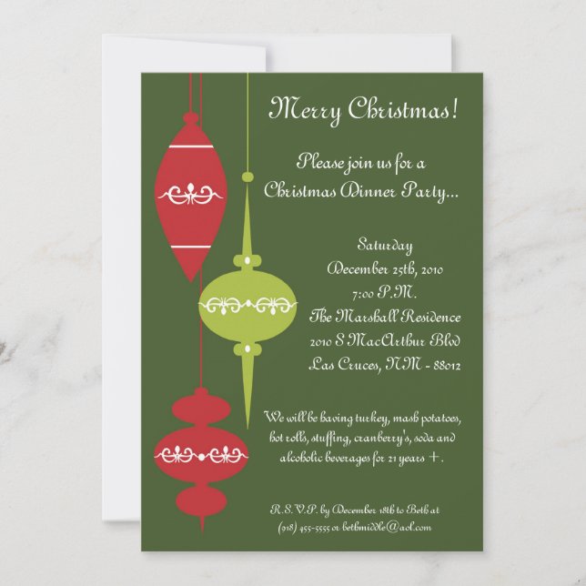 5x7 XMAS Red Ornaments Christmas Party Invitation (Front)