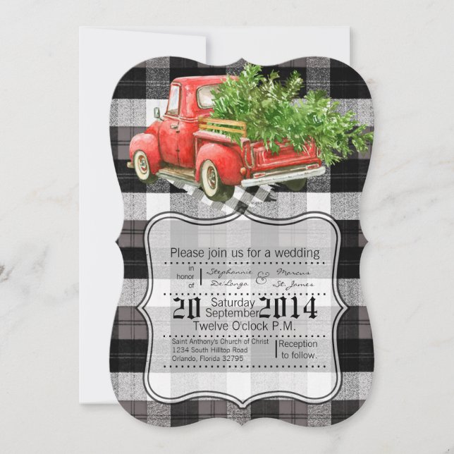 5x7 XMAS Truck Buffalo Plaid Wedding Invitation (Front)