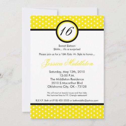 5x7 Yello White Polka Dot 16th Birthday Invitation