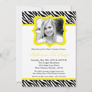 5x7 Yello Zebra PHOTO Sweet 16 Birthday Invitation