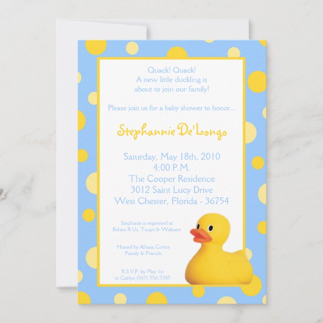 5x7 Yellow Blu Rubber Ducky Baby Shower Invitation (Front)