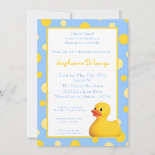 5x7 Yellow Blu Rubber Ducky Baby Shower Invitation