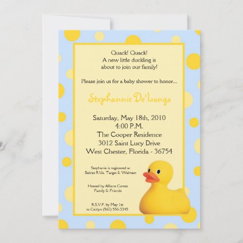 5x7 Yellow Blu Rubber Ducky Baby Shower Invitation