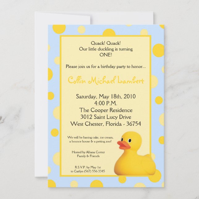 5x7 Yellow Blu Rubber Ducky Birthday Invitation (Front)