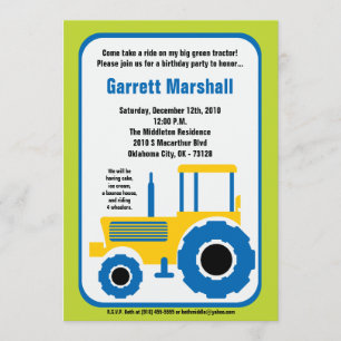 5x7 Yellow Blue Farm Tractor Birthday Invitation