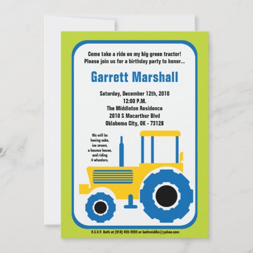 5x7 Yellow Blue Farm Tractor Birthday Invitation