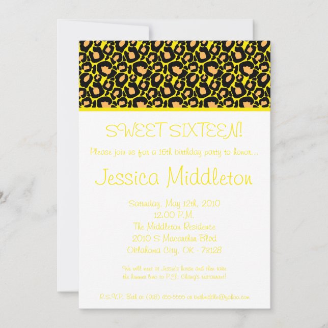 5x7 Yellow Cheetah Print 16th Birthday Invitation (Front)