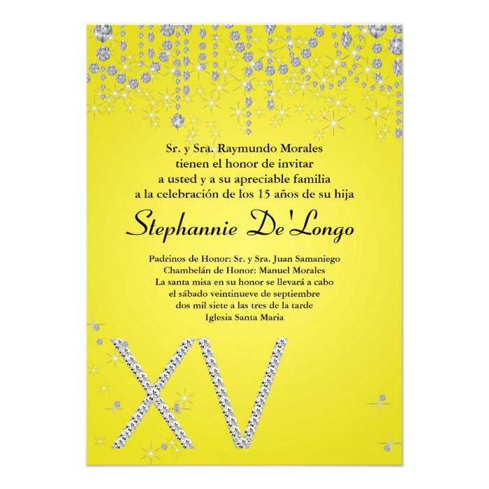 5x7 Yellow Diamond Quinceanera Birthday Invitation