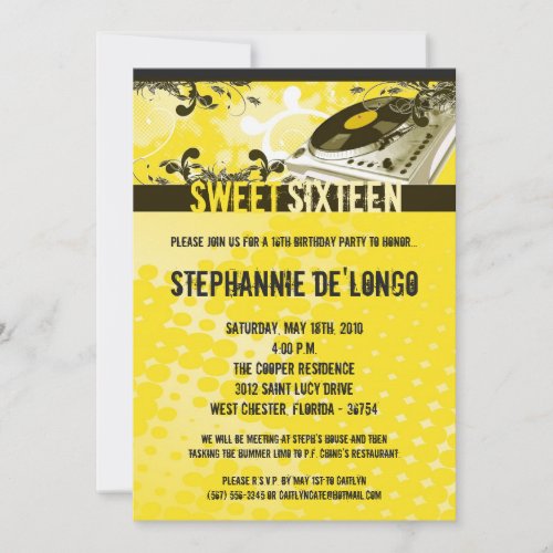 5x7 Yellow DJ Turntable16th Birthday Invitation