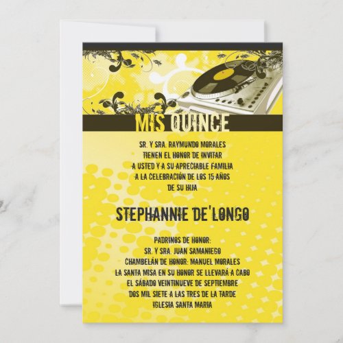 5x7 Yellow DJ Turntable Quinceanera Invitation