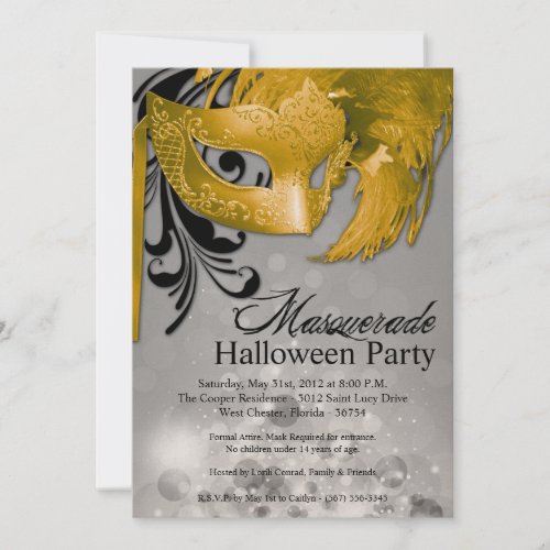 5x7 Yellow Masquerade Halloween Invitation