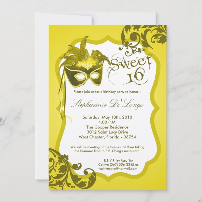 5x7 Yellow Masquerade Mask 16 Birthday Invitation (Front)