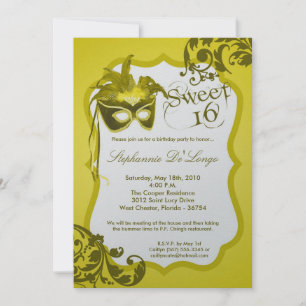 5x7 Yellow Masquerade Mask 16 Birthday Invitation