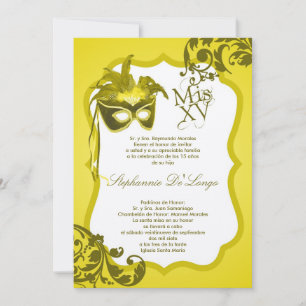 5x7 Yellow Masquerade Mask Quinceanera Invitation