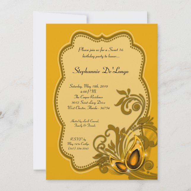 5x7 Yellow Masquerade Sweet 16 Birthday Invitation (Front)