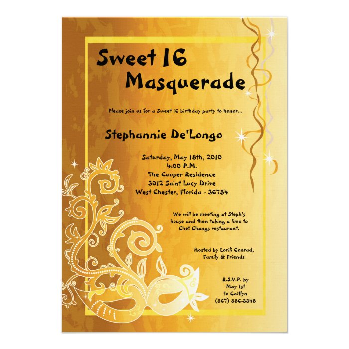 5x7 Yellow Masquerade Sweet 16 Birthday Invitation