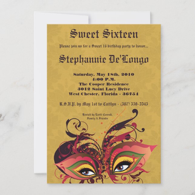 5x7 Yellow Masquerade Sweet 16 Birthday Invitation (Front)