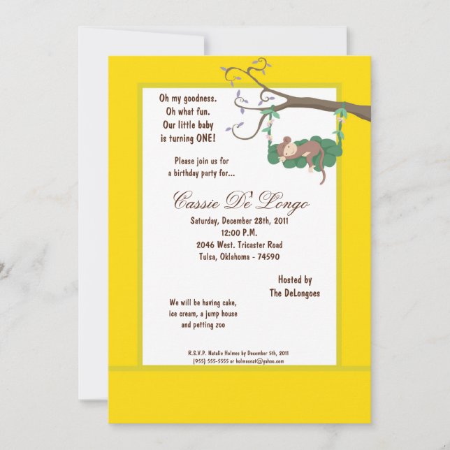 5x7 Yellow Monkey Birthday Party Invite (Front)