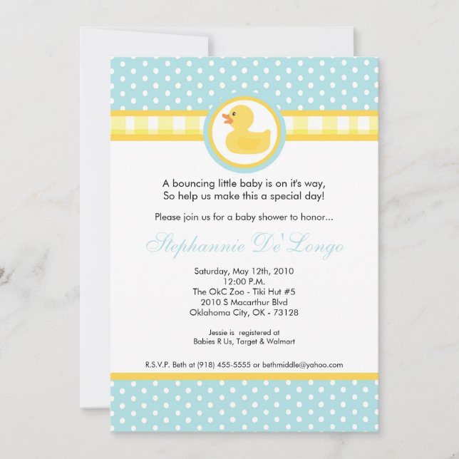 5x7 Yellow Rubber Ducky Baby Shower Invitation (Front)