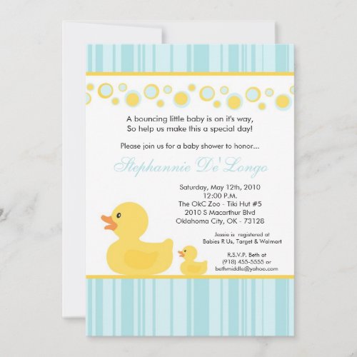 5x7 Yellow Rubber Ducky Baby Shower Invitation