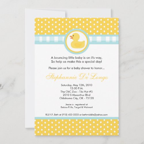 5x7 Yellow Rubber Ducky Baby Shower Invitation